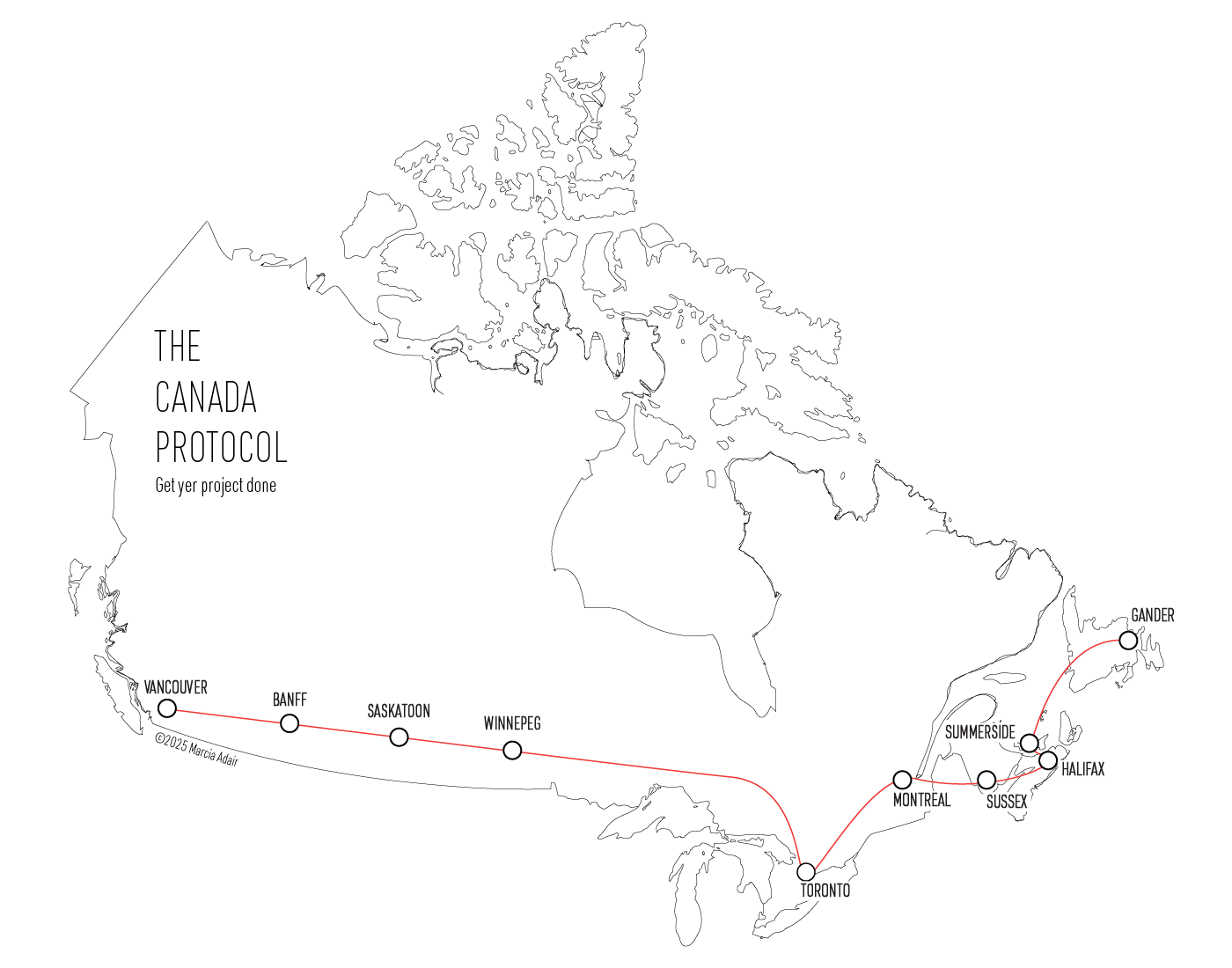 The Canada Protocol map, showing a route from Vancouver to Gander, Newfoundland
